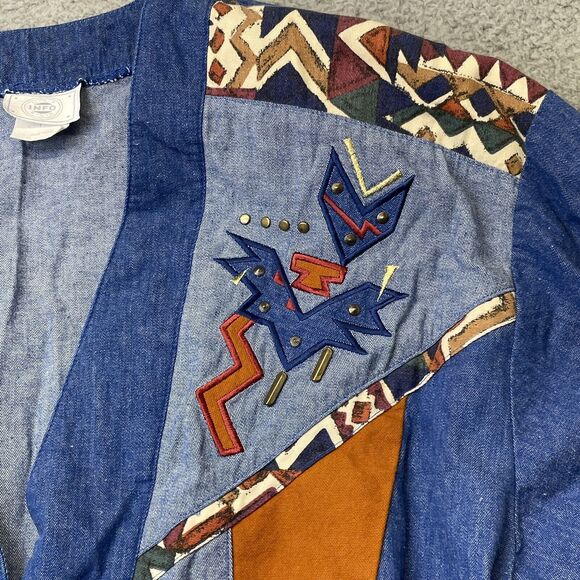 Vintage Jean Jacket Women Large Blue Studded Blue Jean Southwest Aztec 80s Rodeo - Picture 8 of 16